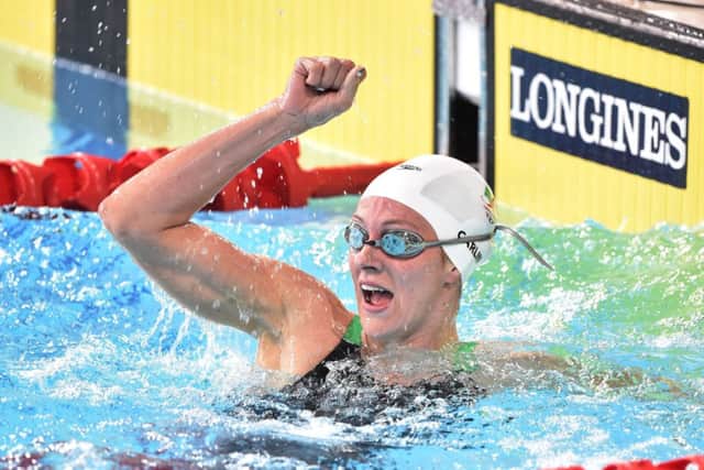 Jazz Carlin celebrates becoming the first Welsh woman since 1974 to win a swimming gold. Picture: Ian Rutherford