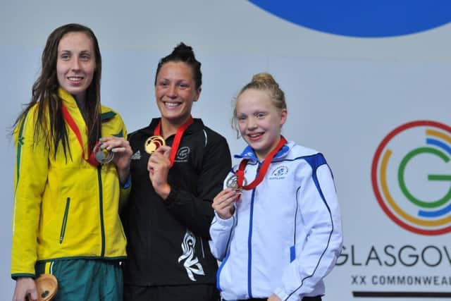 Bronze medallist Erraid with Silver medallist Australia's Madeleine Scott and Gold medallist New Zealand's Sophie Pascoe. Picture: Getty