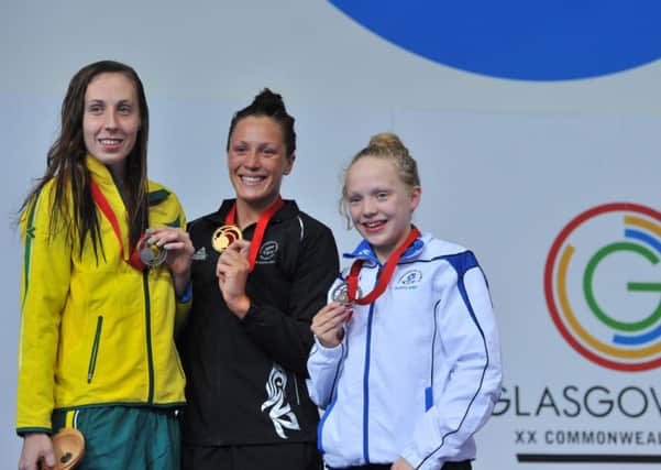 Bronze medallist Erraid with Silver medallist Australia's Madeleine Scott and Gold medallist New Zealand's Sophie Pascoe. Picture: Getty
