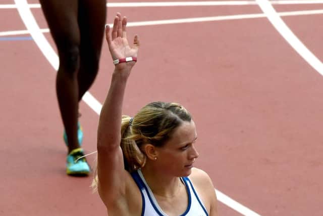 Eilidh Child celebrates winning heat 1 in the Womens 400m Hurdles. Picture: TSPL