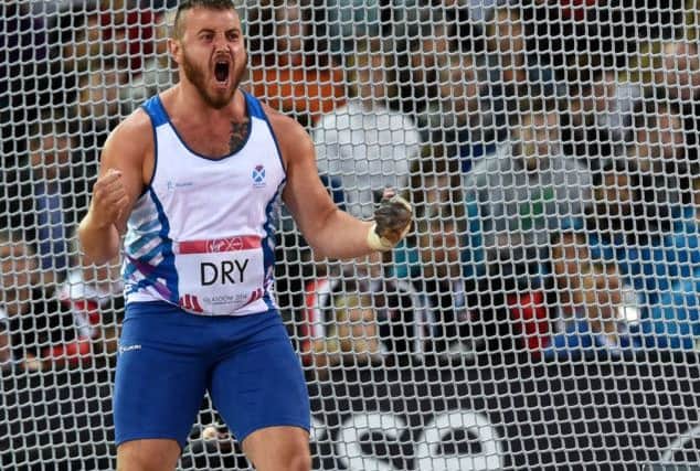 Scotland hammer thrower Mark Dry celebrates after registering his best effort of the night at Hampden. Picture: SNS