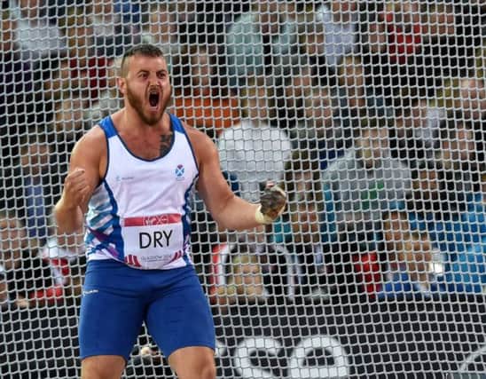 Scotland hammer thrower Mark Dry celebrates after registering his best effort of the night at Hampden. Picture: SNS