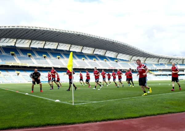 The Aberdeen players get a feel for the Anoeta Stadium ahead of tonights encounter with La Liga side Real Sociedad. Picture: SNS