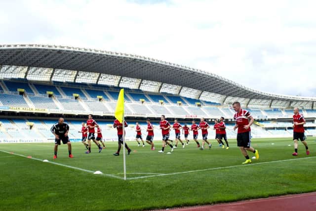 The Aberdeen players get a feel for the Anoeta Stadium ahead of tonights encounter with La Liga side Real Sociedad. Picture: SNS