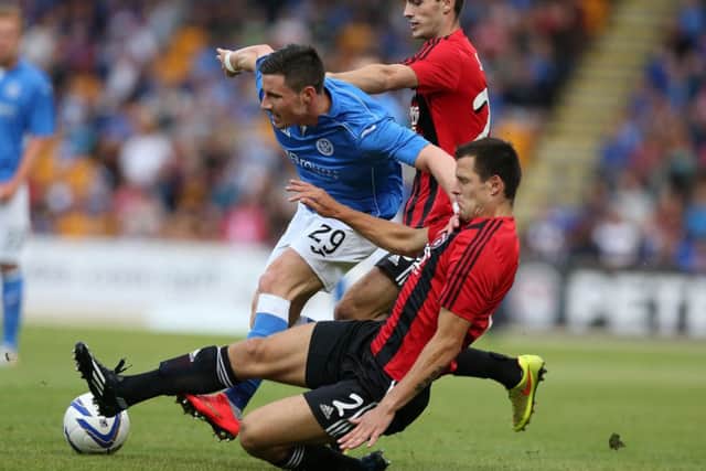 Michael O'Halloran St Johnstone vies with Matej Siva of Spartak Trnava. Picture: Getty