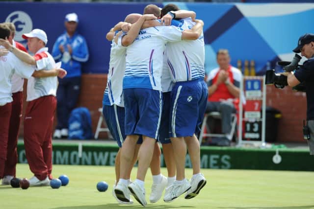 Scotland's bowlers celebrate victory over England. Picture: Neil Hanna