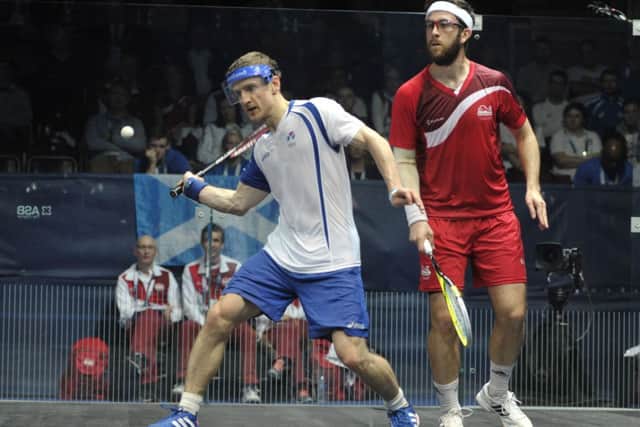 Alan Clyne plays a shot in the Bronze medal game in the Glasgow 2014 squash tournament. Picture: Ian Rutherford