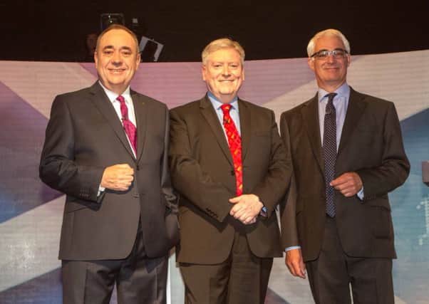 Scotland's First Minister Alex Salmond, broadcast journalist Bernard Ponsonby and Alistair Darling before the TV debate. Picture: PA