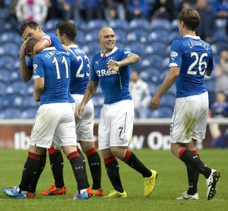 Nicky Law celebrates scoring the winning goal against Hibs. Picture: PA