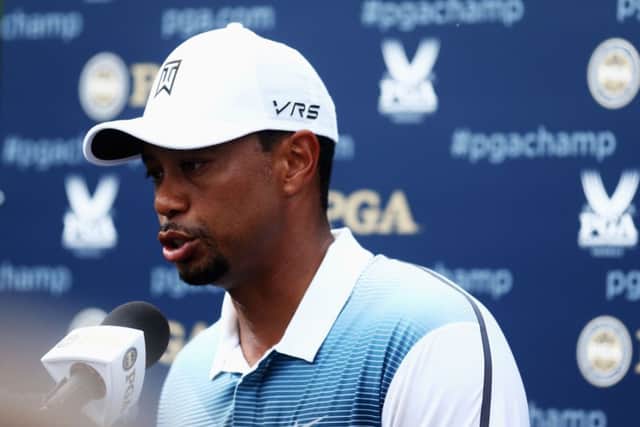 Tiger Woods speaks with the media after his practice round prior to the start of the 96th PGA Championship at Valhalla Golf Club. Picture: Getty
