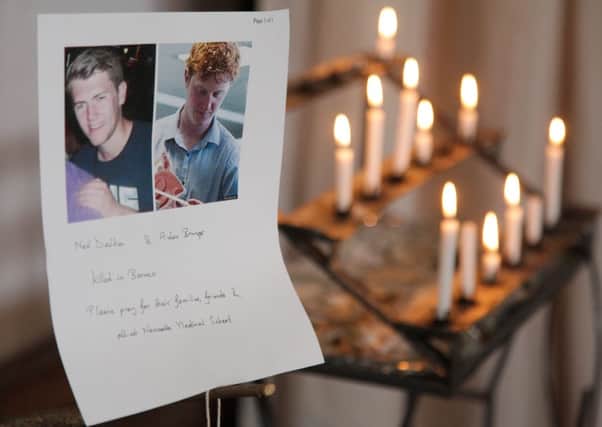 A photo and tribute for Neil Dalton and Aidan Brunger by Rev Catherine Lack, chaplain at Newcastle University.  Picture: Hemedia