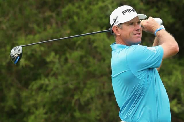 Lee Westwood watches his tee shot on the 18th hole during the first round of the 96th PGA Championship at Valhalla. Picture: Getty