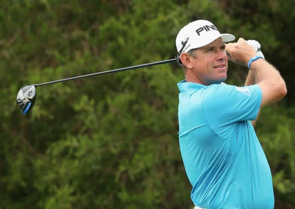 Lee Westwood watches his tee shot on the 18th hole during the first round of the 96th PGA Championship at Valhalla. Picture: Getty