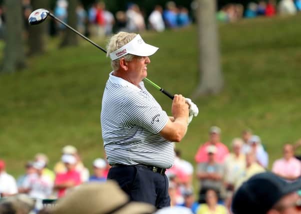 Colin Montgomerie watches his tee shot on the 15th hole during the first round of the 96th PGA Championship at Valhalla. Picture: Getty