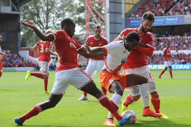 Michail Antonio and Danny Fox of Nottingham Forest combine to tackle Blackpools Nathan Delfouneso. Photograph: Getty Images