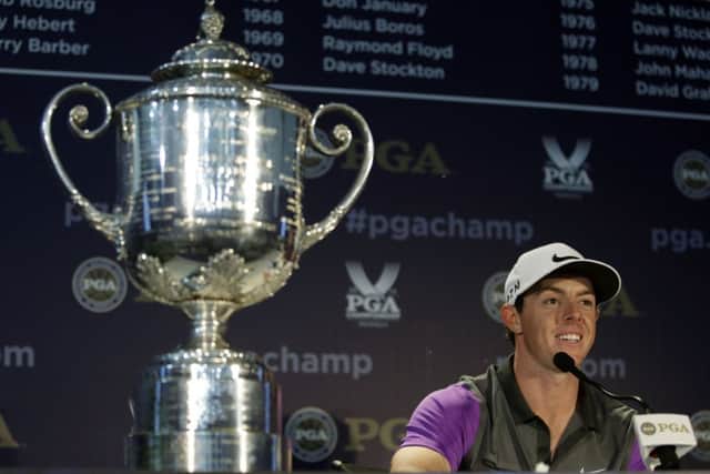 2014 US PGA champion Rory McIlroy talks about his stunning season and aims for the future alongside the Wanamaker Trophy. Picture: Getty