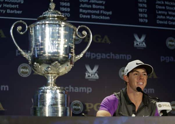 2014 US PGA champion Rory McIlroy talks about his stunning season and aims for the future alongside the Wanamaker Trophy. Picture: Getty