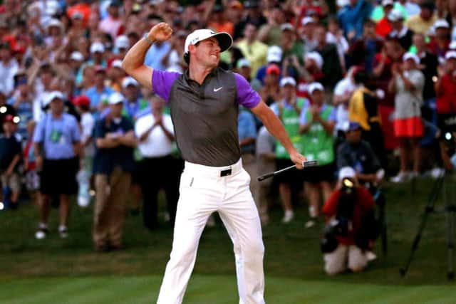 Rory McIlroy celebrates his one-stroke victory on the 18th green during the final round of the 96th PGA Championship at Valhalla. Picture: Getty