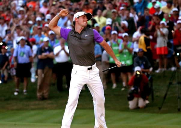 Rory McIlroy celebrates his one-stroke victory on the 18th green during the final round of the 96th PGA Championship at Valhalla. Picture: Getty