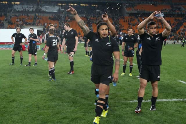 Maa Nonu leads New Zealands celebrations after beating the Springboks in the Rugby Championship in Johannesburg. Picture: Getty Images