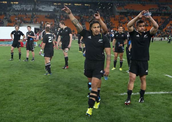 Maa Nonu leads New Zealands celebrations after beating the Springboks in the Rugby Championship in Johannesburg. Picture: Getty Images
