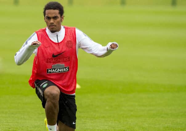 Celtic's new loan signing Jason Denayer in action at training. Picture: SNS
