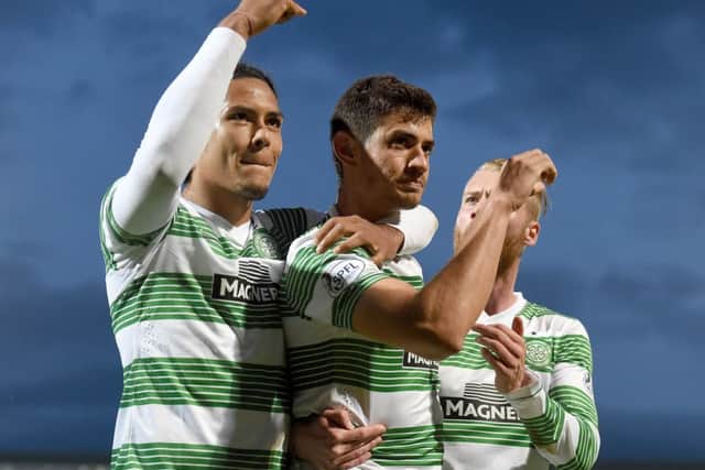Celtics Nir Biton, centre, celebrates his goal from a penalty which St Johnstone say should not have been awarded. Picture: Craig Williamson/SNS