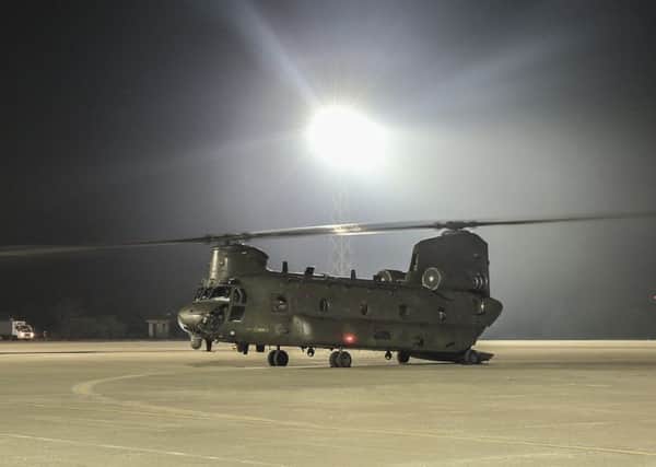 An RAF Chinook helicopter at the British base at Akrotiri in Cyprus yesterday, after being sent from England. Picture: AFP/Getty