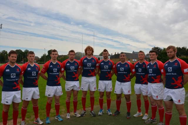 Fit-again Jamie Stevenson, third from left, lines up with the other members of London Scottishs tartan 10. Picture: Contributed