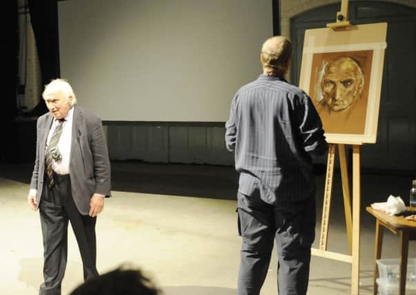 Artist Peter Howson paints Richard DeMarco at the world premiere of a 20min film Berkoff, Art & Peter Howson at Summerhall. Picture: TSPL