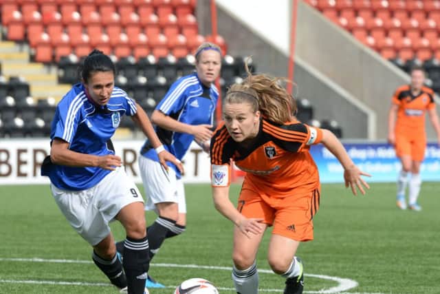 Glasgow Citys Fiona Brown eyes up the goal in the UEFA Womens Champions League match against FC Zhistroy. Picture: Lorriane Hill