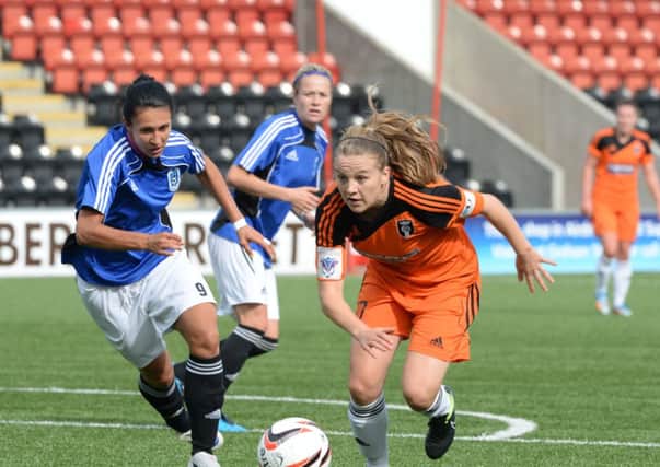 Glasgow Citys Fiona Brown eyes up the goal in the UEFA Womens Champions League match against FC Zhistroy. Picture: Lorriane Hill