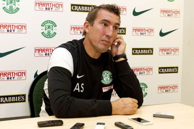 Hibs manager Alan Stubbs talks to the press ahead of todays clash with Hearts, having completely reorganised the Easter Road backroom structure. Photograph: SNS/Alan Rennie