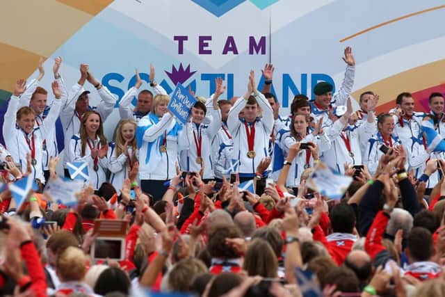 Team Scotland gold medalists on stage in George Square during the Commonwealth Games parade in Glasgow. Picture: PA