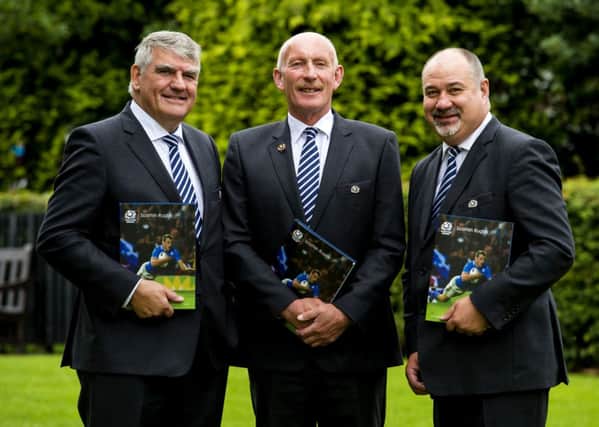 SRU President Ian Rankin (centre) is joined by Sir Moir Lockhead (left) and Mark Dodson. Picture: SNS