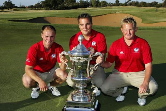 Wallace Booth, Gavin Dear and Callum Macaulay with the Eisenhower Trophy, which the Scots won in 2008. Picture: Getty