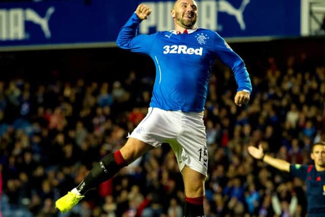 Kris Boyd leaps to celebrate completing his hattrick in Rangers 81 defeat of Clyde. Picture: Craig Foy/SNS