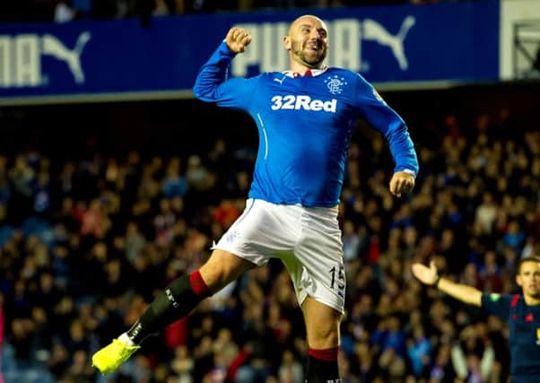 Kris Boyd leaps to celebrate completing his hattrick in Rangers 81 defeat of Clyde. Picture: Craig Foy/SNS