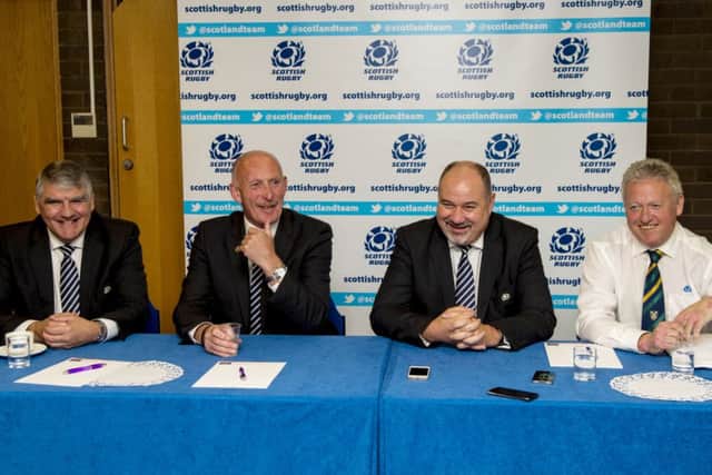 (L/R) Chairman of the Scottish Rugby Board Sir Moir Lockhead, new SRU President Ian Rankin, Chief Executive Mark Dodson and Vice-President Ed Crozier. Picture: SNS