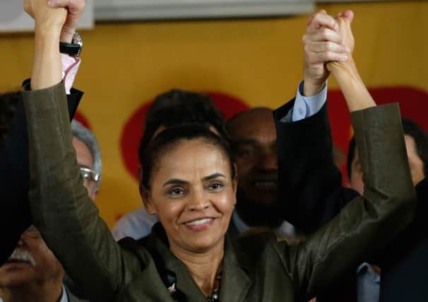 Marina Silva celebrates the launch of her candidacy for the Socialist Party in Brasilia. Picture: AP