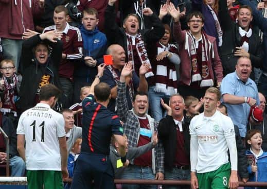 Scott Robertsons red card at Tynecastle is one of three Hibs have had since the season began. Picture: PA