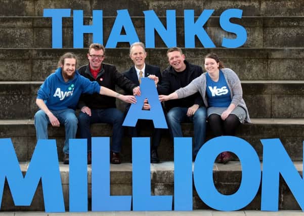 The Proclaimers joined Blair Jenkins and Yes Scotland activists to announce the milestone. Picture: Hemedia