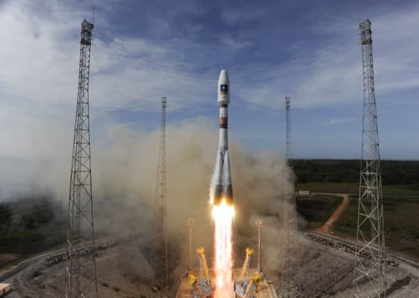 The medium-lift VS07 Soyuz rocket lifts off from its launching pad with the Galileo satellite on board. Picture: ESA