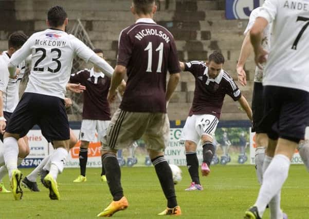 James Keatins scores his second goal for Hearts. Picture: SNS