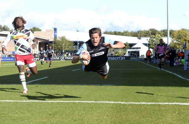 DTH van der Merwe crosses for his interception try for Glasgow in the second half. Picture: SNS/SRU
