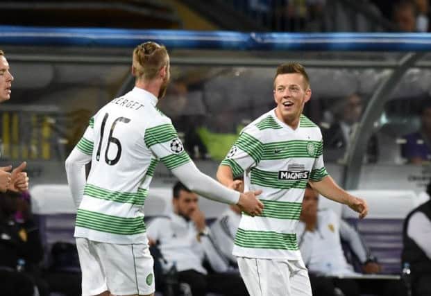 Callum McGregor celebrates after opening the scoring for Celtic against Maribor, the player is now due to receive a Scotland call up. Picture: SNS