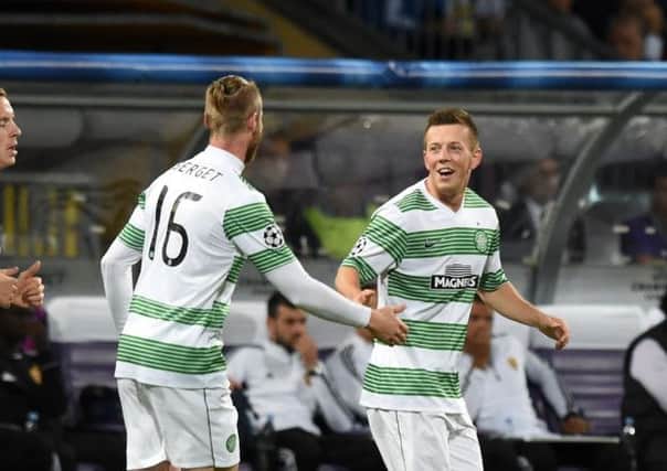 Callum McGregor celebrates after opening the scoring for Celtic against Maribor, the player is now due to receive a Scotland call up. Picture: SNS