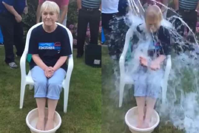 Johann Lamont: Before, and during the ice bucket challenge. Picture: Screengrabs