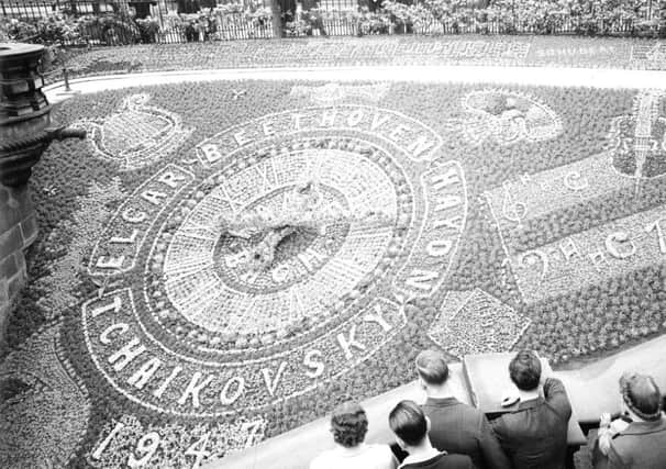 Musical instruments and names of composers are illustrated in the Floral Clock in Princes Street Gardens in 1947. Picture: TSPL
