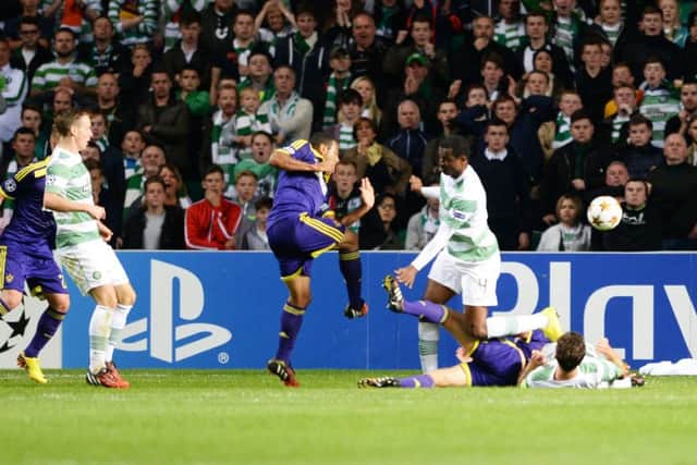 Maribors Marcos Tavares fires the only goal of the game past Craig Gordon. Picture: SNS